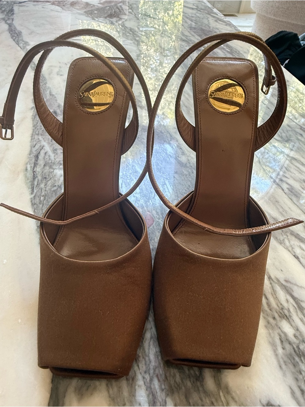 Saint Laurent Brown Square-Toe Ankle-Strap Heels 38 1/2